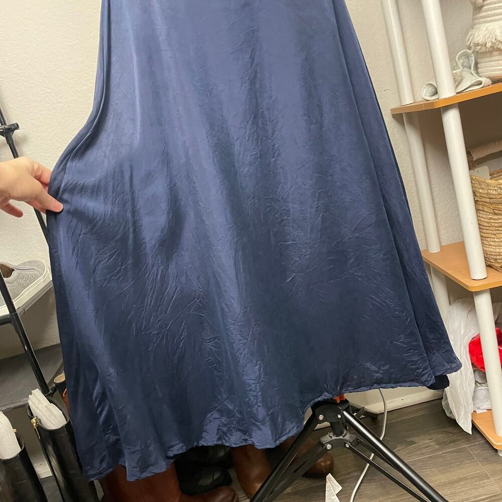 Amour Vert Navy Blue Cupro Silky Satin Maxi Skirt Size Large Elastic Waist - Picture 2 of 11
